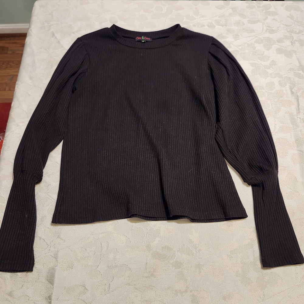 Chloe & Emma Black Ribbed Balloon Sleeve Sweater Top Size M